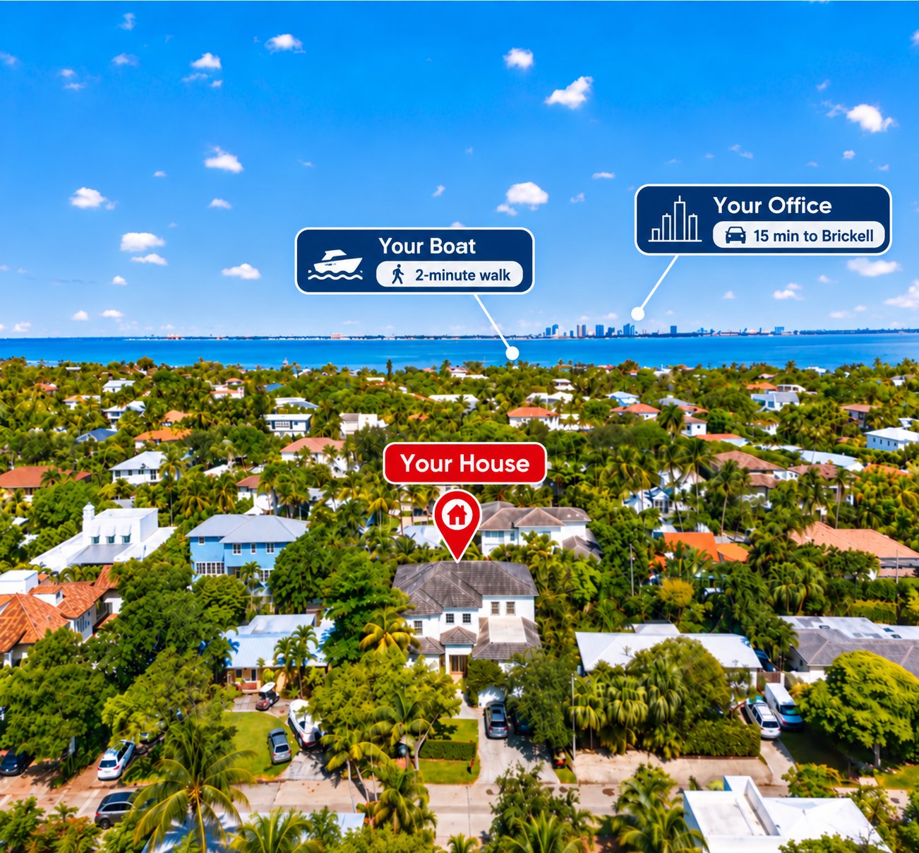 Aerial photo above the house looking across Biscayne Bay to the Brickell skyline, with labels for the house, the bay and the office district