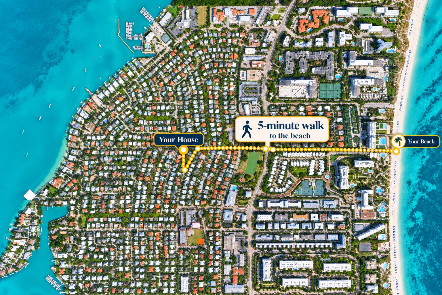 Aerial map of Key Biscayne with a dotted walking route from the house, across the island, to the beach on the Atlantic side